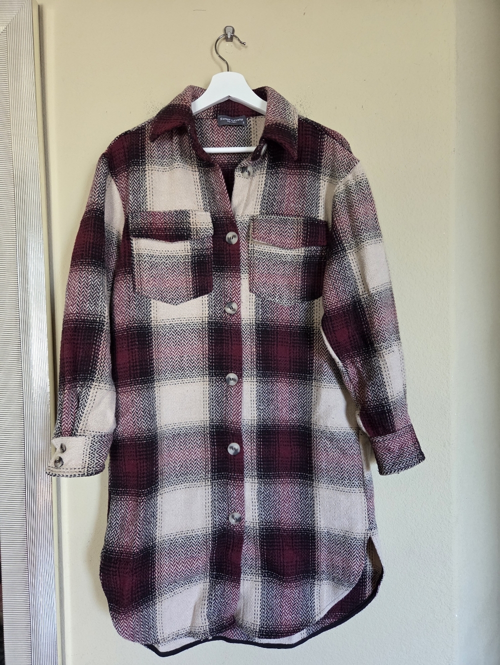 Sweet Lovely Women's Plaid Shacket Jacket - Burgundy & Cream